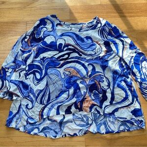 Bryn Walker Fran Blouse Women's Large Blue Swirl Round Neck 3/4 Bell Sleeve USA